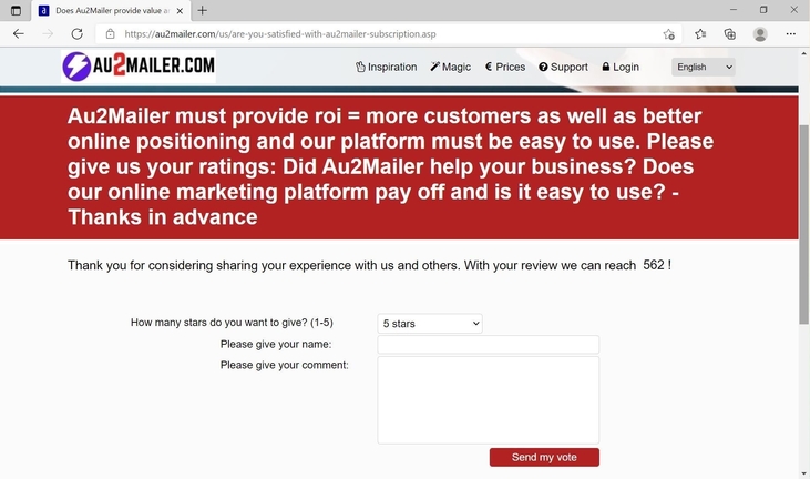 Get your own customer page for typing in ratings